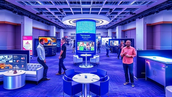 A dynamic virtual event environment showcasing interactive booths, networking lounges, and engaging presentations, highlighting the immersive and interactive nature of VirtualVibe Events for seamless virtual experiences.
