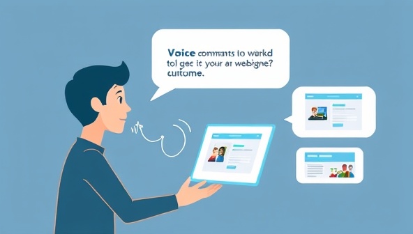 An illustration of a user interacting with a virtual assistant through voice commands to design a website, with speech bubbles containing design elements and website updates, highlighting the intuitive and user-friendly nature of VoxDesignAssist.