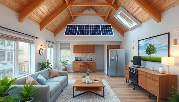 An immersive VR environment within EcoSim Home featuring a customizable eco-friendly living room, with solar panels on the roof, energy-efficient appliances, and smart lighting controls, inviting users to explore and interact with sustainable design elements in a visually stunning virtual space.