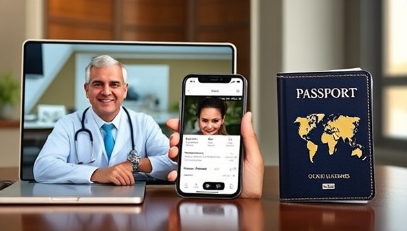 A virtual telemedicine setup with a physician consulting with a traveler via video call, a wellness app displaying personalized health recommendations, and a passport symbolizing global health and well-being support provided by WellJourney Consult.