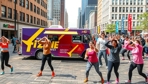 A dynamic outdoor setting with FitZone On Wheels parked in a bustling city square, surrounded by enthusiastic participants engaging in a group workout class led by fitness instructors, with colorful fitness equipment, banners, and energetic music creating a vibrant and inclusive fitness experience for all attendees.