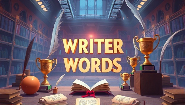 An artistic illustration of a digital arena where writers battle with words, surrounded by trophies, scrolls, and quills, symbolizing creativity, competition, and literary excellence in a virtual setting.