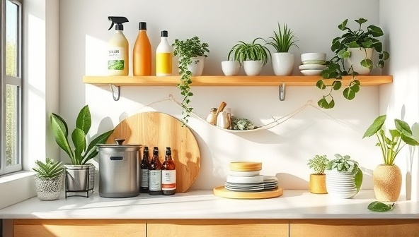 A modern eco-friendly kitchen scene featuring a collection of sustainable cleaning products, reusable kitchenware, and biodegradable food storage containers neatly organized on eco-friendly bamboo shelves, with lush potted plants and natural light streaming in, creating a harmonious and environmentally conscious living space.