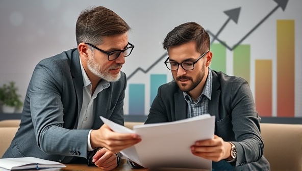 An inspirational image of a coach guiding a client through a financial plan, with visuals of growth, progress, and financial stability represented in the background, evoking a sense of empowerment and achievement.