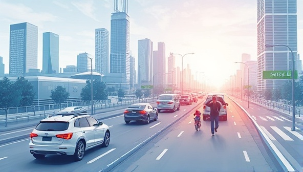 An illustration of a futuristic cityscape with autonomous vehicles navigating seamlessly through traffic, monitored and managed by the sophisticated systems of AutoPilot Fleet Solutions, showcasing the efficiency and innovation of autonomous fleet management services.