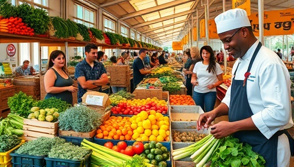 A vibrant farmers market scene with colorful stalls of fresh produce, smiling farmers interacting with customers, and a chef selecting organic vegetables for a meal kit, highlighting freshness and community connection.