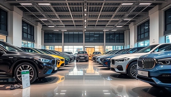 A luxurious car showroom with high-end vehicles showcased alongside wellness packages, maintenance kits, and detailing services, creating a premium and exclusive ambiance for the VehiCare Wellness Hub, highlighting the holistic approach to car care and maintenance offered by the subscription platform.