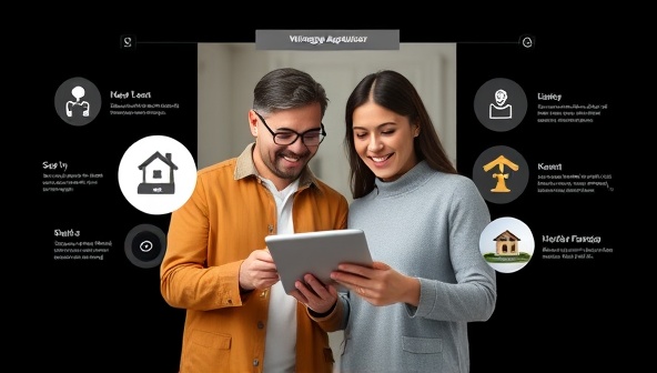 An interactive platform interface featuring a virtual mortgage advisor providing guidance to a happy couple exploring home loan options on their tablet, illustrating convenience and personalized assistance in the mortgage application journey.