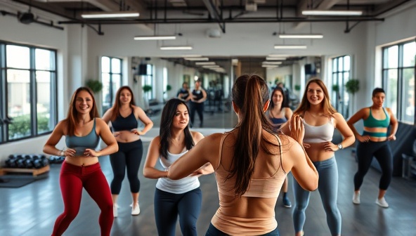 A dynamic and energetic virtual fitness class scene with a diverse group of participants following a trainer's lead onscreen, showcasing inclusivity and motivation.