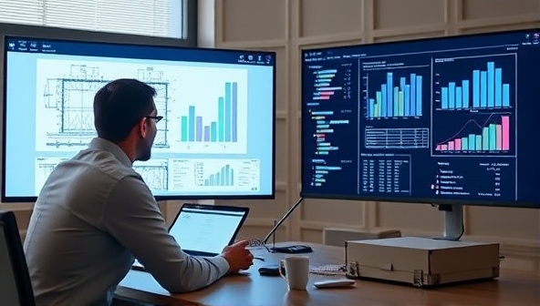 An online consultation session between a construction project manager and a virtual advisor, with digital project plans and charts displayed on screens, illustrating remote collaboration and expert guidance in construction project management.