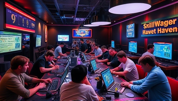 An energetic and competitive atmosphere at the skill-based betting lounge, with participants engaged in various challenges and games, showcasing their talents and strategies while competing for cash prizes, capturing the essence of SkillWager Haven's dynamic gaming environment.