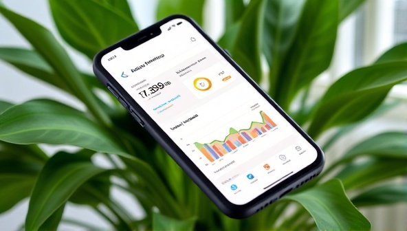 A modern, sleek smartphone screen displaying a user-friendly energy monitoring dashboard with colorful charts and notifications, set against a background of a green household plant, symbolizing eco-friendliness and efficiency.