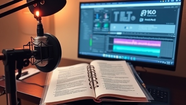 An image of a podcast studio setup with a microphone, headphones, script notes, and a computer screen displaying a podcast editing software interface, highlighting the professional and organized approach to podcast scriptwriting.