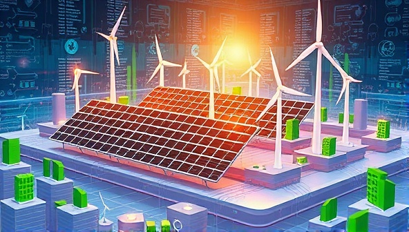 An artistic representation of a digital marketplace with solar panels and wind turbines symbolizing renewable energy sources, surrounded by icons of transactions and green energy symbols, reflecting a sustainable exchange platform.