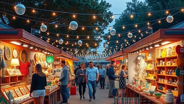 An outdoor pop-up market scene filled with colorful artisanal home decor stalls, bustling with customers browsing handcrafted items under a canopy of string lights, creating a vibrant and festive atmosphere.