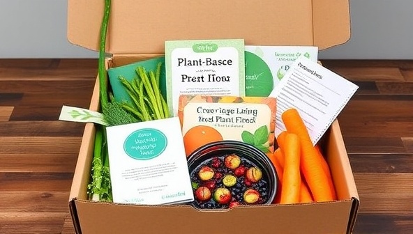 An eco-friendly and vibrant meal kit delivery box design featuring colorful plant-based ingredients, recipe cards, compostable packaging materials, and a small booklet highlighting the service's commitment to sustainability and healthy living, appealing to environmentally conscious consumers seeking convenient and ethical dining options.