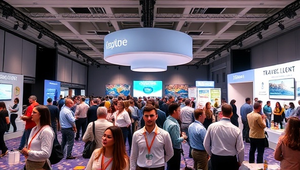 An immersive virtual networking event setup with attendees interacting through avatars in a digital conference hall, with virtual booths showcasing travel destinations and industry services, creating a dynamic and engaging networking environment for participants.