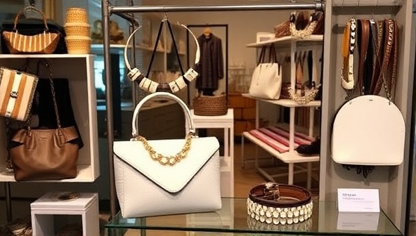 A stylish display of upcycled fashion accessories in a chic boutique setting, featuring trendy handbags, unique jewelry pieces, and elegant belts, highlighting the fusion of fashion and sustainability in reclaimed chic designs.
