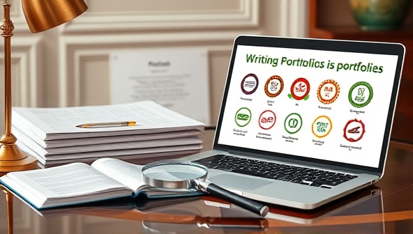 An elegant desk setup with writing portfolios neatly arranged, a magnifying glass for detailed review, and a laptop displaying positive feedback and industry recognition logos, signaling professionalism and expertise in portfolio assessment.