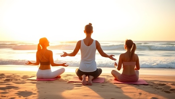 An inspiring image of a wellness coach leading a group meditation session on a serene beach at sunrise, surrounded by tranquil waves and golden sunlight, creating a harmonious and peaceful atmosphere for mindfulness and relaxation.