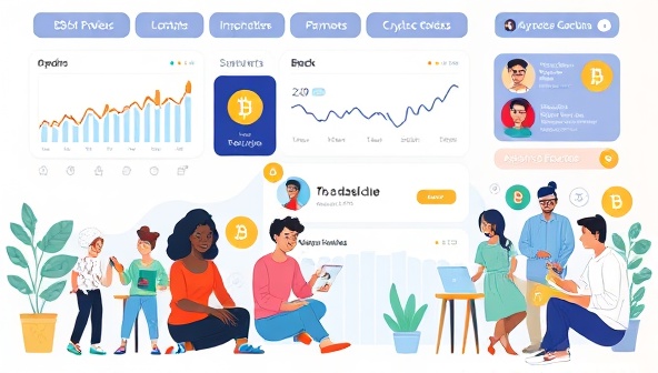 An illustration of a digital interface displaying various cryptocurrency trends and investment options, with a diverse group of people interacting with the platform on different devices, showcasing accessibility and inclusivity.