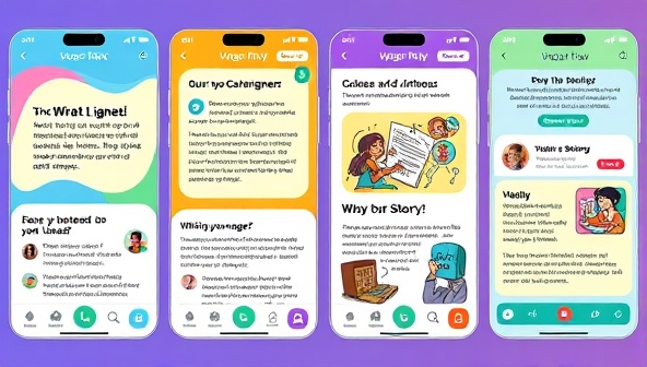 A colorful and dynamic app interface showcasing various writing challenges and prompts, with users interacting and sharing their stories in a vibrant and creative digital space, inviting engagement and creativity.