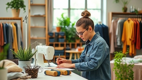 An image showcasing a designer working closely with a manufacturer in a sustainable studio setting, surrounded by eco-friendly fabrics and materials, emphasizing the collaborative and ethical nature of EcoStitch Studio's services.