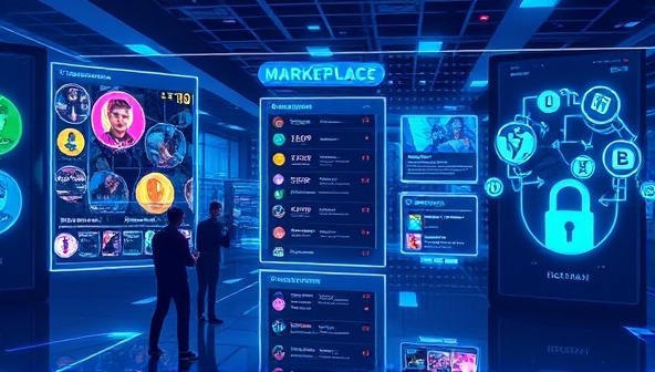 An artistic representation of a digital marketplace interface with blockchain elements, showcasing in-game assets and virtual currencies being traded between users, highlighting transparency and security in virtual transactions.