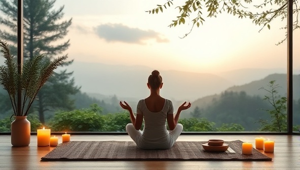 A serene virtual wellness retreat setting with a tranquil backdrop of nature, soft lighting, and a virtual facilitator leading a meditation session, surrounded by calming elements like candles and incense, creating a peaceful and rejuvenating ambiance.
