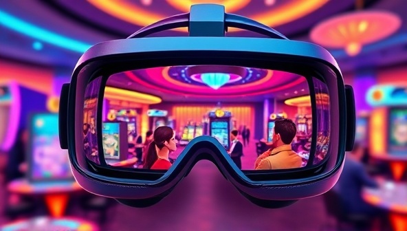 A futuristic virtual reality headset displaying vibrant casino scenes with animated players interacting and playing games, capturing the excitement and immersion of the VR Casino Quest experience.