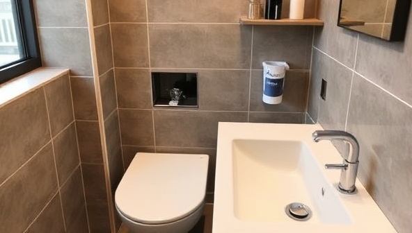 An urban apartment bathroom with the AquaSavvy Kit components neatly displayed next to a modern sink, showcasing the simplicity and effectiveness of the water-saving solutions for city living.