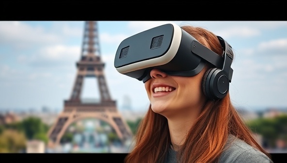 An individual wearing a VR headset, exploring a lifelike virtual representation of the Eiffel Tower in Paris, with a sense of wonder and excitement on their face, showcasing the immersive and engaging nature of the VR travel experience.