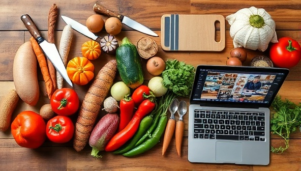 A diverse array of fresh ingredients neatly arranged on a wooden table, accompanied by chef's knives, cooking utensils, and a laptop displaying a live cooking class in progress, showcasing a blend of culture and culinary expertise.