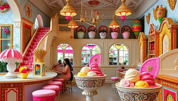 An exotic ice cream parlor adorned with colorful decor and a diverse selection of adventurous ice cream flavors displayed in ornate bowls, with customers savoring their exotic scoops in a cozy and inviting setting that transports them to a whimsical dessert oasis.