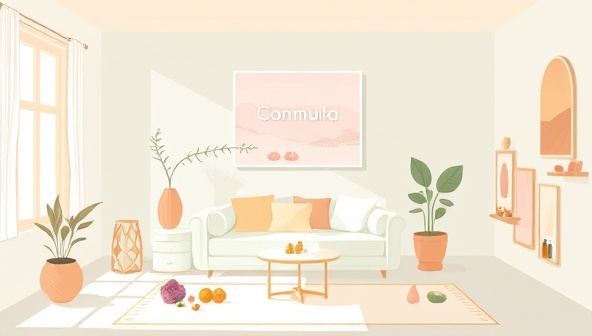 A serene digital illustration of a virtual consultation room in Harmony Heal Hub, featuring calming colors, natural elements, and holistic healing tools like crystals and essential oils, conveying a peaceful and healing environment.