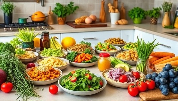 A vibrant kitchen setting with an array of colorful, freshly prepared plant-based meals neatly arranged on a table, surrounded by an assortment of fresh produce and herbs, evoking a sense of health and freshness.