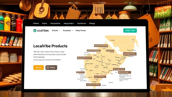 An online marketplace homepage featuring a vibrant and diverse selection of locally crafted products, with a map highlighting the different neighborhoods or regions where the vendors are based, symbolizing the hyperlocal focus of LocalVibes Marketplace.