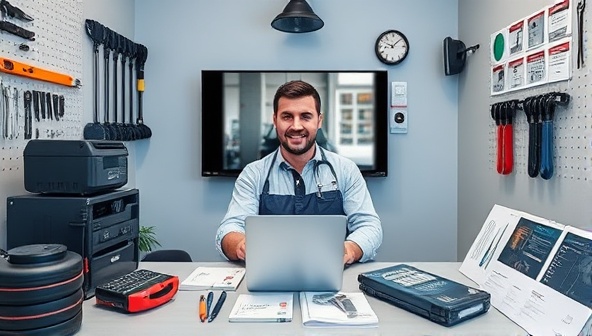 A virtual consultation room with a professional mechanic providing advice to a car owner via video call, surrounded by diagnostic tools and repair manuals, illustrating the convenience and expertise of RemoteMech Solutions' remote car maintenance consultancy service.