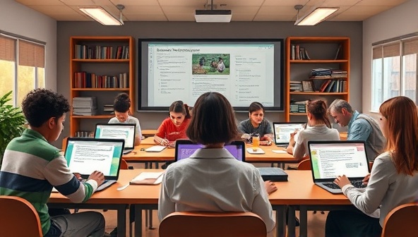 An artistic representation of a virtual classroom setting, with diverse students engaging in writing activities on their laptops while receiving personalized feedback from mentors, fostering a sense of community and growth.