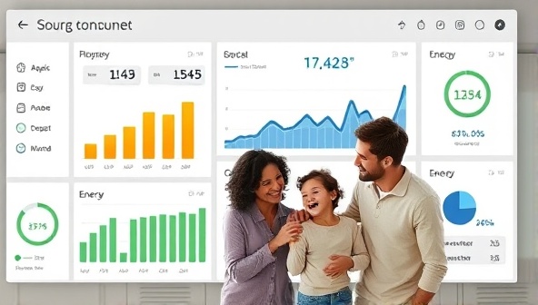 A smart home dashboard displaying energy consumption metrics in real-time, with a family happily adjusting their usage based on the data, promoting energy efficiency and sustainability.
