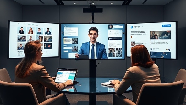 An elegant virtual meeting setup with a consultant engaging with clients over a video call, surrounded by screens displaying influencer profiles, social media analytics, and trending content, illustrating a modern and dynamic consultancy approach.