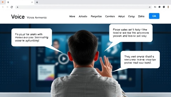 An innovative website interface displaying a user interacting with the website through voice commands, with speech bubbles and dynamic responses, highlighting the seamless and hands-free browsing experience enabled by voice-activated website design.