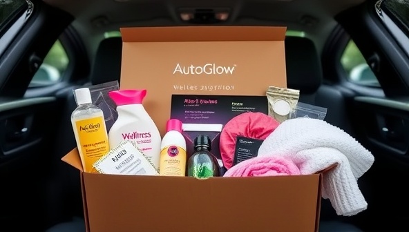 An elegantly designed subscription box filled with car care products, air fresheners, microfiber cloths, and wellness items, presented against a backdrop of a sparkling clean car interior, highlighting the luxury and convenience of the AutoGlow Wellness subscription service.