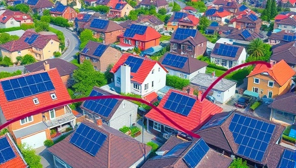 A vibrant neighborhood with solar panels on rooftops, connected through digital lines representing energy exchange, with diverse households engaging in the exchange process, showcasing community collaboration and renewable energy usage.