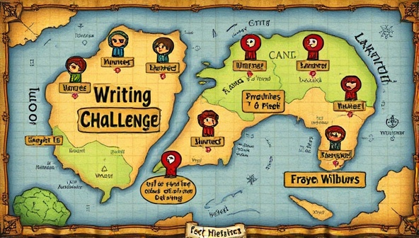 An illustrated fantasy world map with various writing challenge checkpoints, each marked with a unique symbol representing different writing quests and prompts, inviting users to embark on a creative adventure in the realm of storytelling.