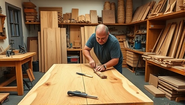 A woodworking artisan in a well-lit workshop, meticulously crafting a custom dining table from premium wood, surrounded by a variety of woodworking tools and finished wood pieces, portraying the artisanal and personalized approach of the business.