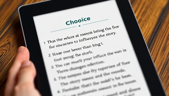 An e-reader screen displaying a choice selection moment in an interactive e-book, with options branching out and illustrating the reader's ability to influence the story, creating an engaging and interactive reading experience.