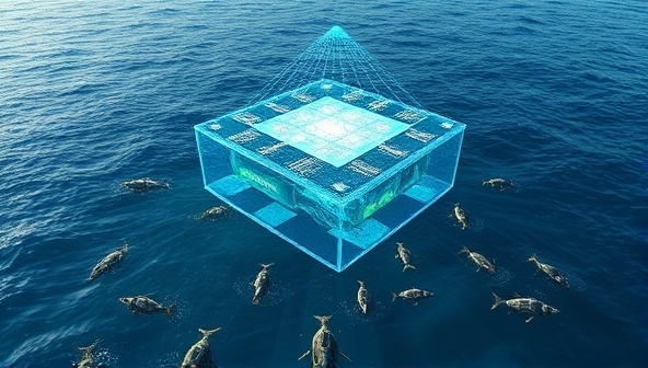 An artistic rendering of a WaveGen Power platform floating on the ocean surface, capturing the dynamic motion of waves converting into clean energy, with marine life swimming beneath the transparent platform, symbolizing harmony between technology and nature in renewable energy generation.