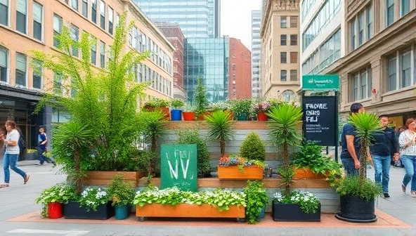 An urban setting transformed into a green oasis through guerrilla marketing tactics, featuring recycled materials, living plants, and eco-friendly installations that surprise and delight passersby.