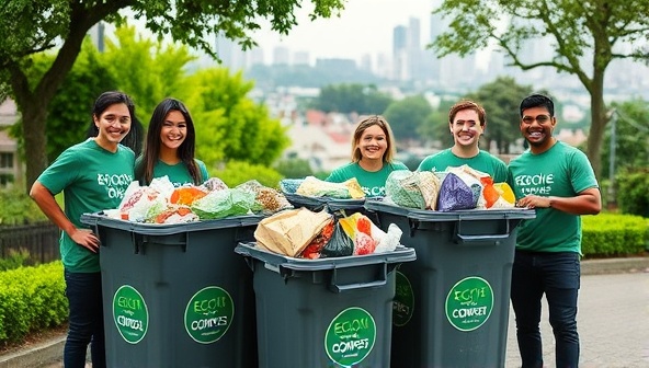 A cheerful team of EcoCycle Compost workers in branded uniforms collecting overflowing bins of organic waste from smiling households, with lush green gardens and a city skyline in the background, showcasing the eco-friendly and community-driven nature of the service.